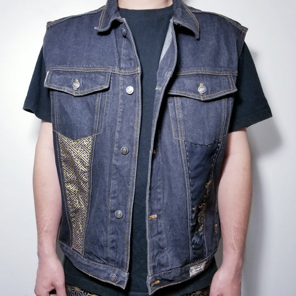 Golden Foo Dog Lion Handstitched Sashiko Retro Patchwork Vest