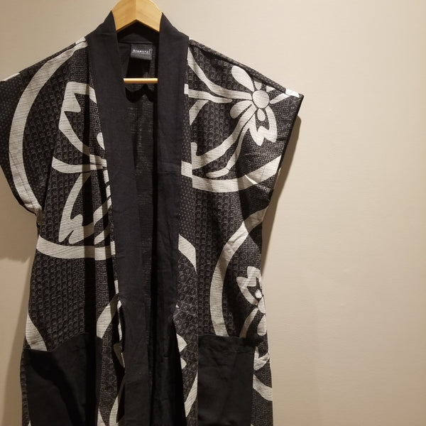 Black Samurai Crest Long Monk Vest Kimono