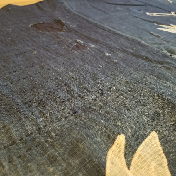 Boro Faded Indigo Sashiko Patched Fan Tsutsugaki 143cm x 123cm