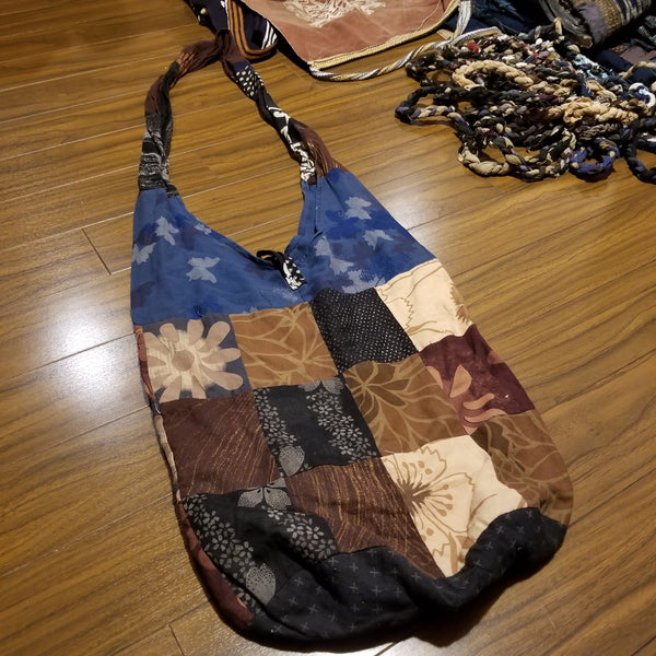 Blue & Brown Color Flower Print Patchwork Shoulder bag
