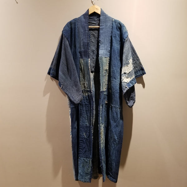 Antique Tsutsugaki Indigo Boro Sashiko Patchwork Noragi Jacket Reversible Kimono from Meiji