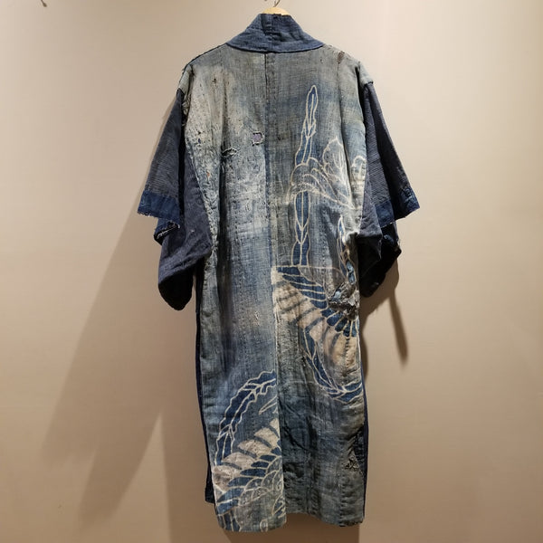 Antique Tsutsugaki Indigo Boro Sashiko Patchwork Noragi Jacket Reversible Kimono from Meiji