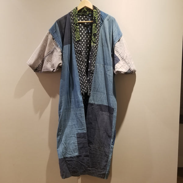 Flower Print Kasuri Reversible Patchwork Indigo Noragi Kimono