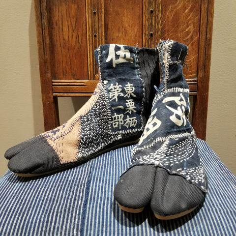 Fireman's Aizome Indigo Boro Sashiko Handstitched Tea Dye Tabi Shoes