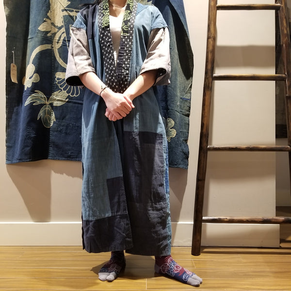 Flower Print Kasuri Reversible Patchwork Indigo Noragi Kimono