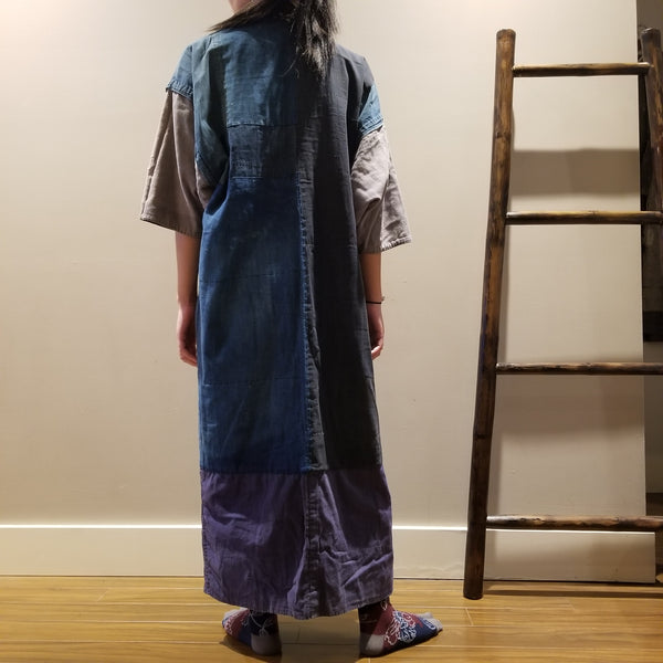 Flower Print Kasuri Reversible Patchwork Indigo Noragi Kimono