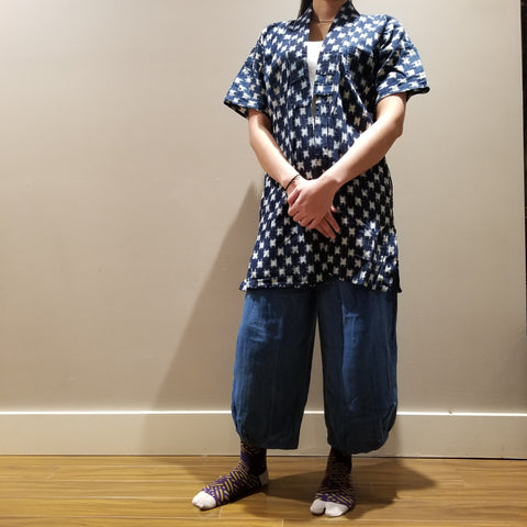 Ikat Kasuri Indigo Dyed Vintage Folk Short Sleeves