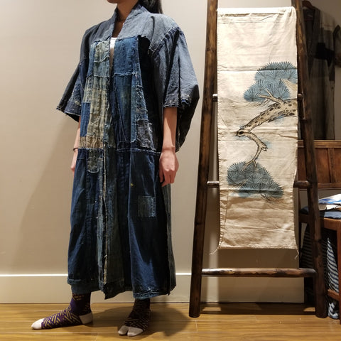 Antique Tsutsugaki Indigo Boro Sashiko Patchwork Noragi Jacket Reversible Kimono from Meiji