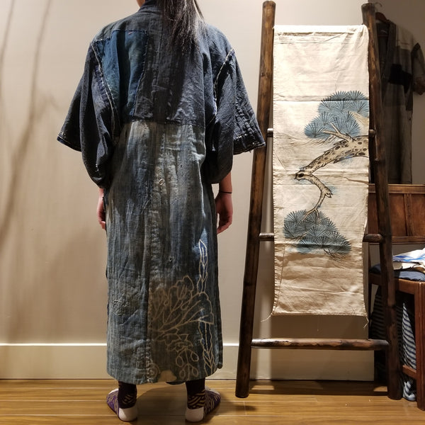 Antique Tsutsugaki Indigo Boro Sashiko Patchwork Noragi Jacket Reversible Kimono from Meiji