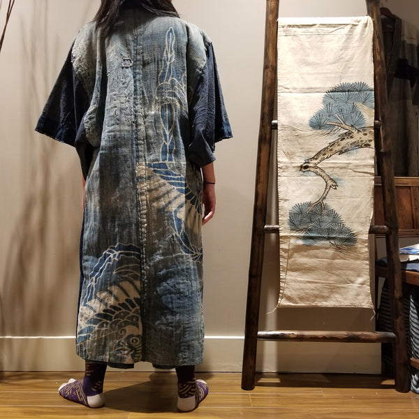 Antique Tsutsugaki Indigo Boro Sashiko Patchwork Noragi Jacket Reversible Kimono from Meiji