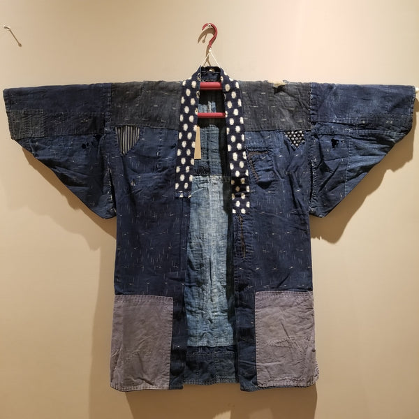 Ikat Indigo Sashiko Patchwork Boro Noragi from Meiji