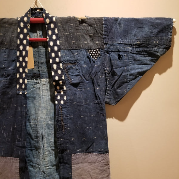 Ikat Indigo Sashiko Patchwork Boro Noragi from Meiji