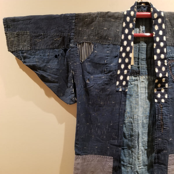 Ikat Indigo Sashiko Patchwork Boro Noragi from Meiji