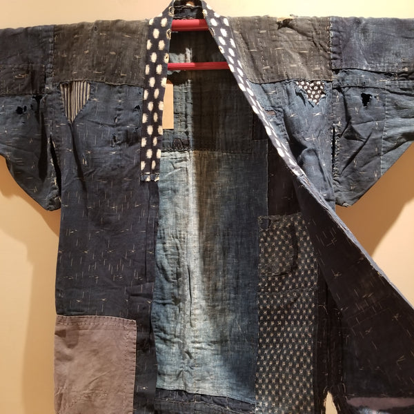 Ikat Indigo Sashiko Patchwork Boro Noragi from Meiji