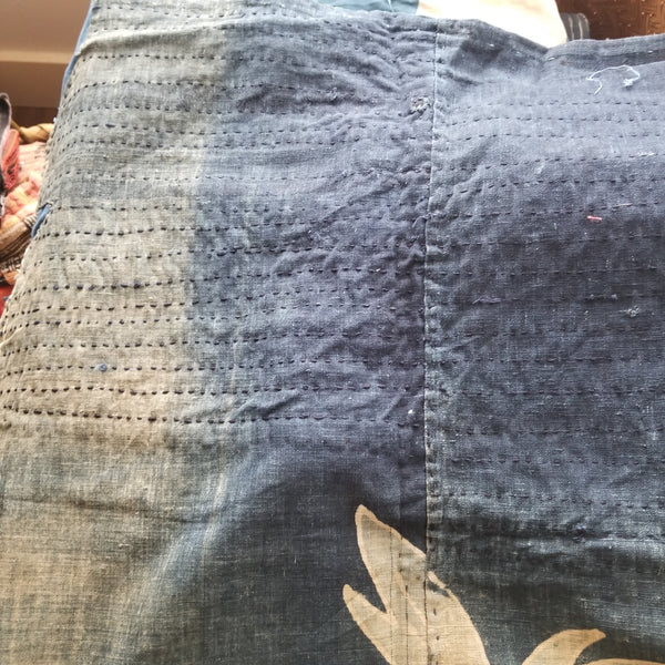 Boro Faded Indigo Sashiko Patched Fan Tsutsugaki 143cm x 123cm