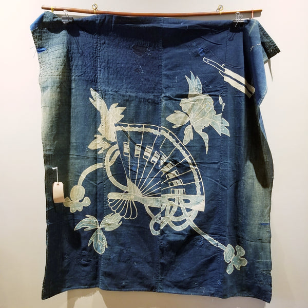 Boro Faded Indigo Sashiko Patched Fan Tsutsugaki 143cm x 123cm
