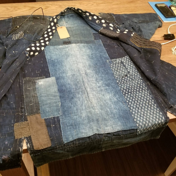 Ikat Indigo Sashiko Patchwork Boro Noragi from Meiji