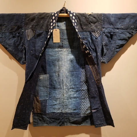 Ikat Indigo Sashiko Patchwork Boro Noragi from Meiji