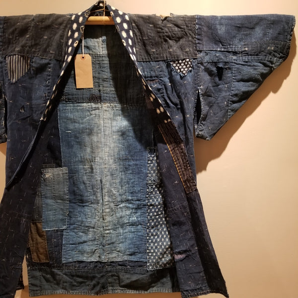 Ikat Indigo Sashiko Patchwork Boro Noragi from Meiji