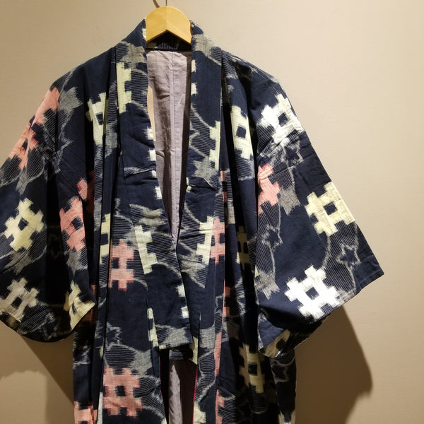 Reversible Indigo Kasuri Long Folk Kimono