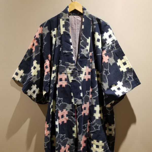Reversible Indigo Kasuri Long Folk Kimono