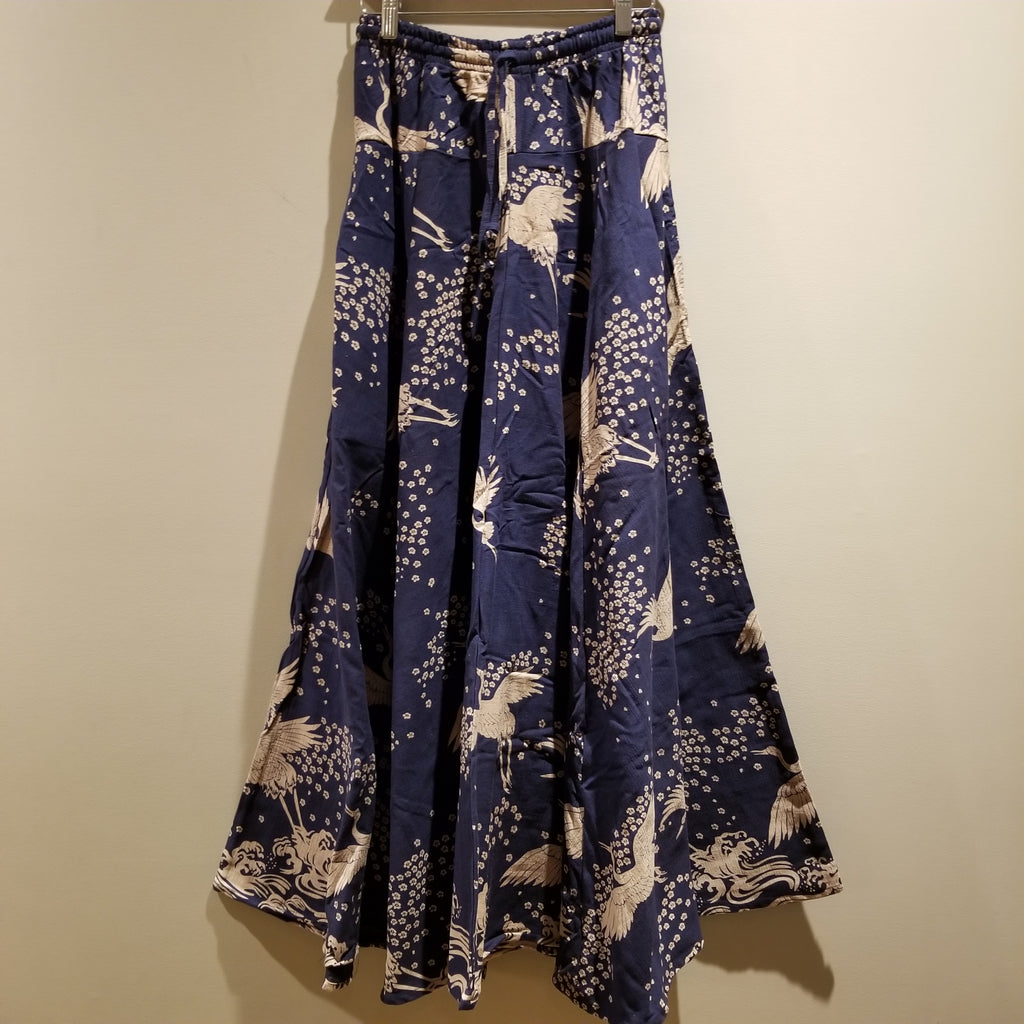 Navy Blue Crane Sakura 8 panel Long Skirts - Siamurai