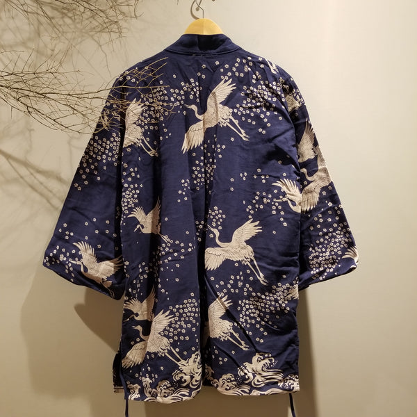 Navy Blue Sakura Crane Noragi Kimono