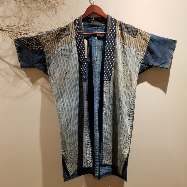 Early Century Indigo Boro Shima Sashiko Patchwork Noragi
