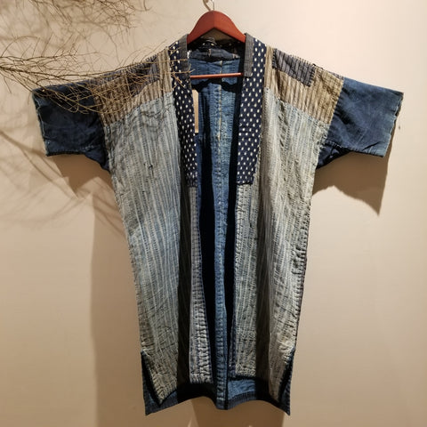 Early Century Indigo Boro Shima Sashiko Patchwork Noragi