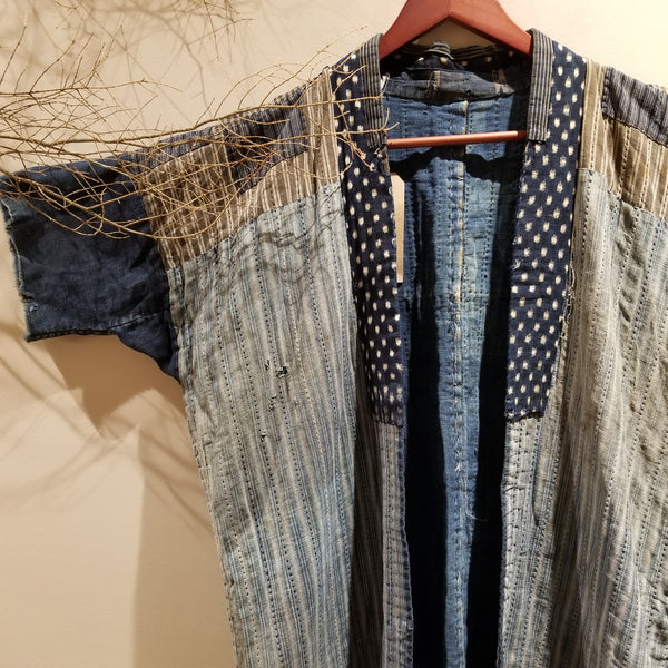 Early Century Indigo Boro Shima Sashiko Patchwork Noragi
