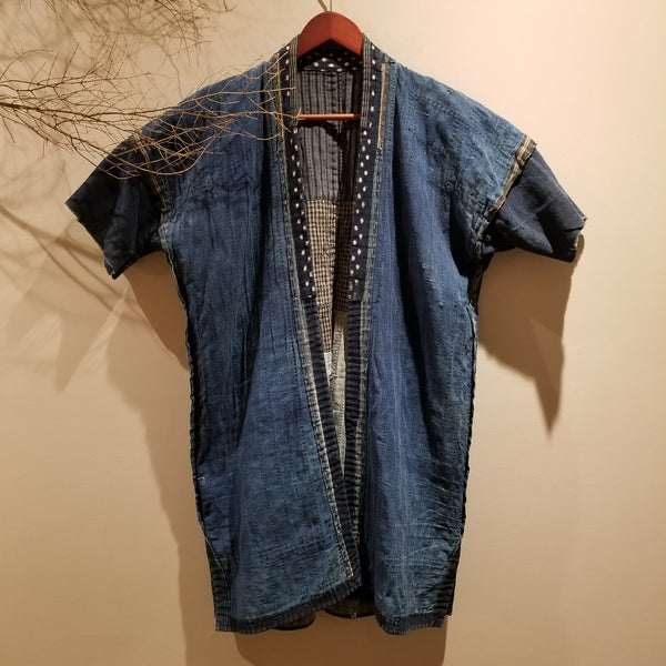 Early Century Indigo Boro Shima Sashiko Patchwork Noragi