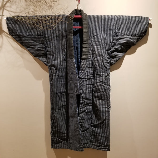 Vintage Indigo Boro Shima Reversible Long Noragi