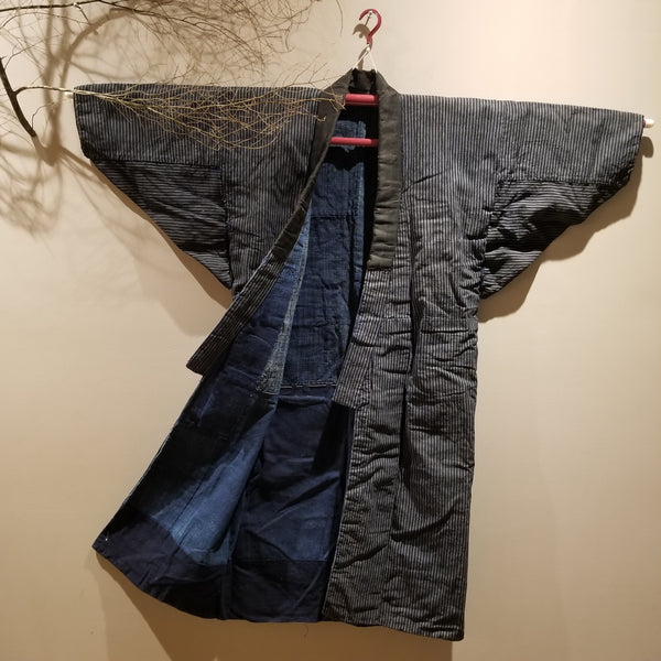 Vintage Indigo Boro Shima Reversible Long Noragi