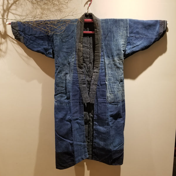 Vintage Indigo Boro Shima Reversible Long Noragi