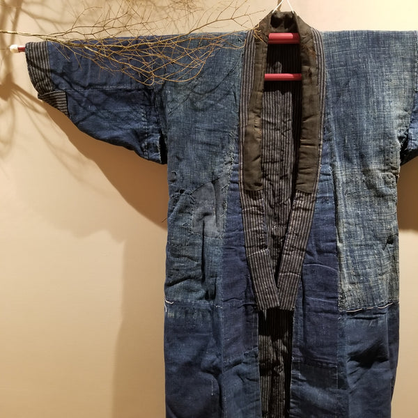 Vintage Indigo Boro Shima Reversible Long Noragi