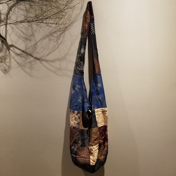 Blue & Brown Color Flower Print Patchwork Shoulder bag