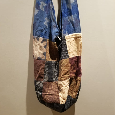 Blue & Brown Color Flower Print Patchwork Shoulder bag