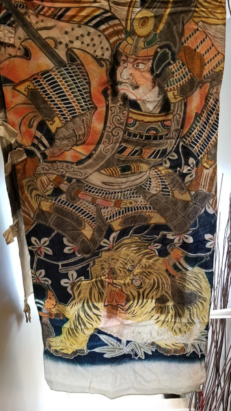 Antique Katazome Tiger and Samurai Warrior Nobori Banner Flag 560 x 88cm