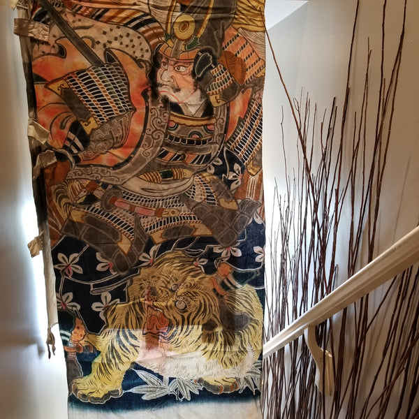 Antique Katazome Tiger and Samurai Warrior Nobori Banner Flag 560 x 88cm