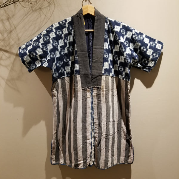 Indigo Kasuri Ikat Faded Noragi Workwear with Sashiko