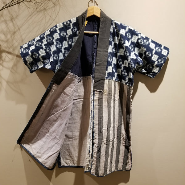 Indigo Kasuri Ikat Faded Noragi Workwear with Sashiko