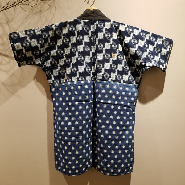 Indigo Kasuri Ikat Faded Noragi Workwear with Sashiko