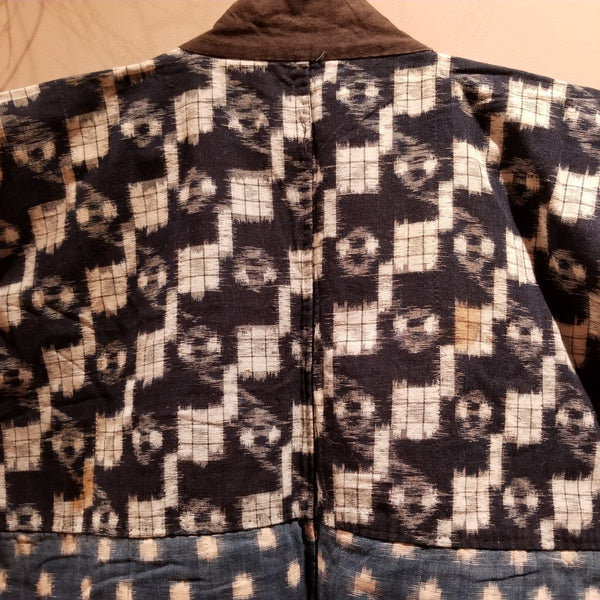 Indigo Kasuri Ikat Faded Noragi Workwear with Sashiko