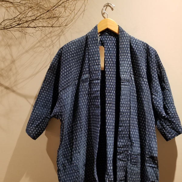 Faded Boro Sashiko Kasuri Ikat Indigo Long Noragi