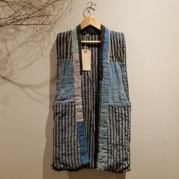 Boro Sashiko Faded Indigo Shima Reversible Peasant's Vest