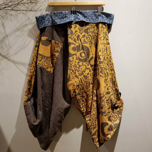 Brown Abstract Design Samurai Pants waist tied