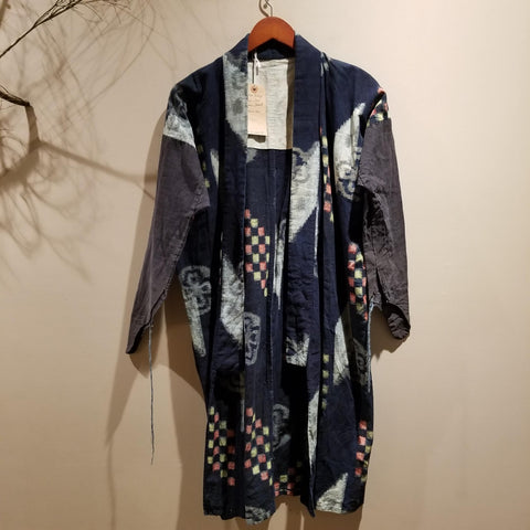 Indigo Kasuri Ikat Long Sleeves Farmer's Noragi
