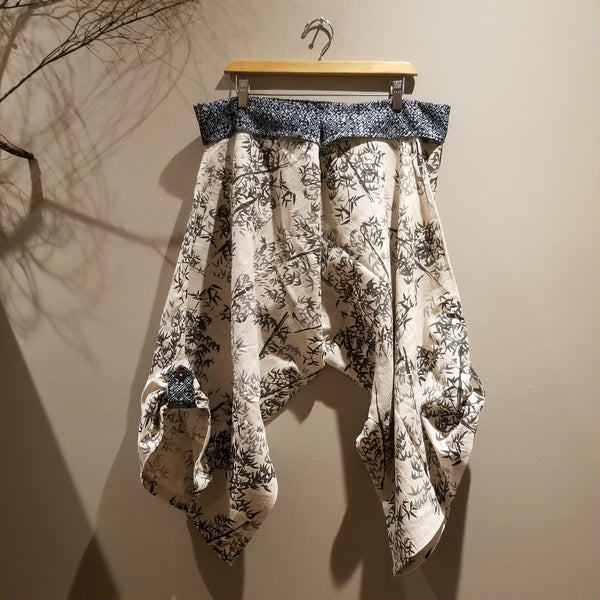 White With Bamboo Leaves Samurai Pants Waist Tied