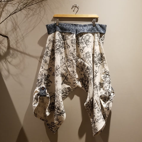 White With Bamboo Leaves Samurai Pants Waist Tied