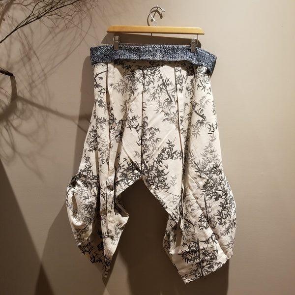 White With Bamboo Leaves Samurai Pants Waist Tied
